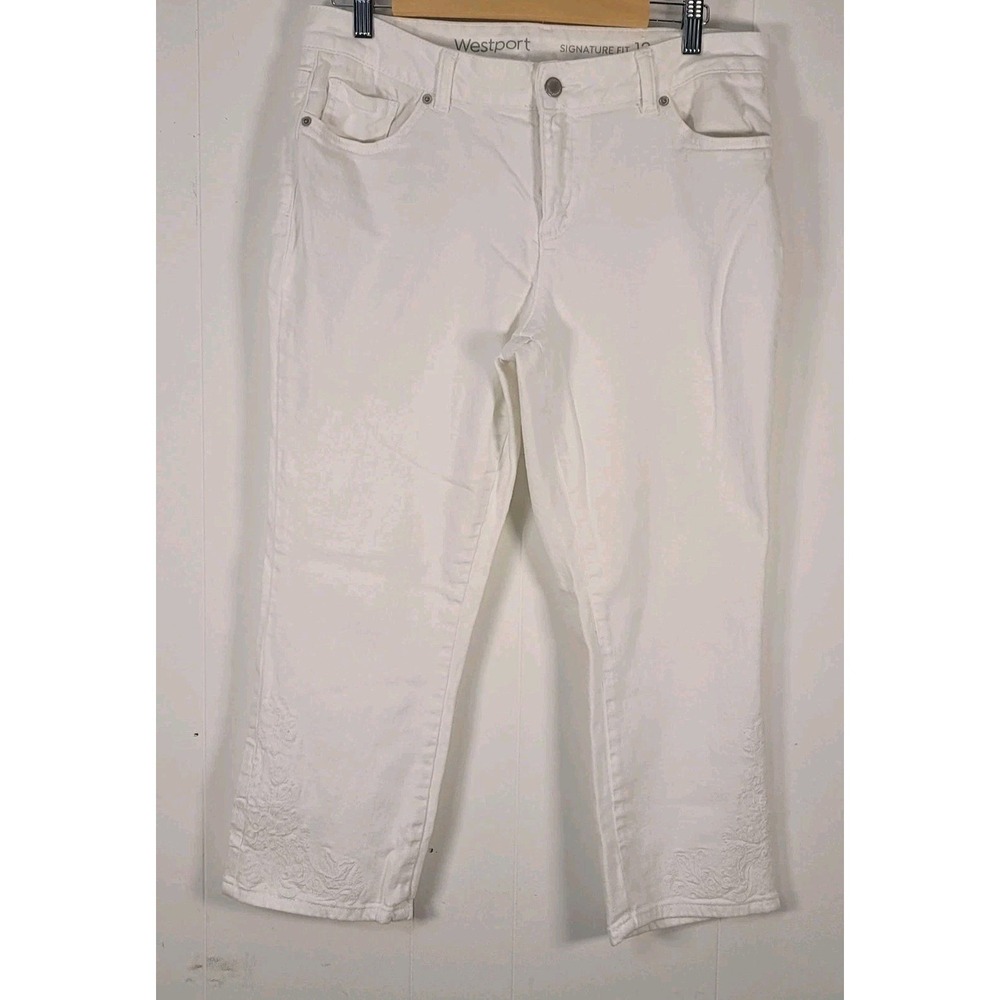 Westport Crop‎ Pants Womens 12 Signature Embroidered Floral Casual Jeans White